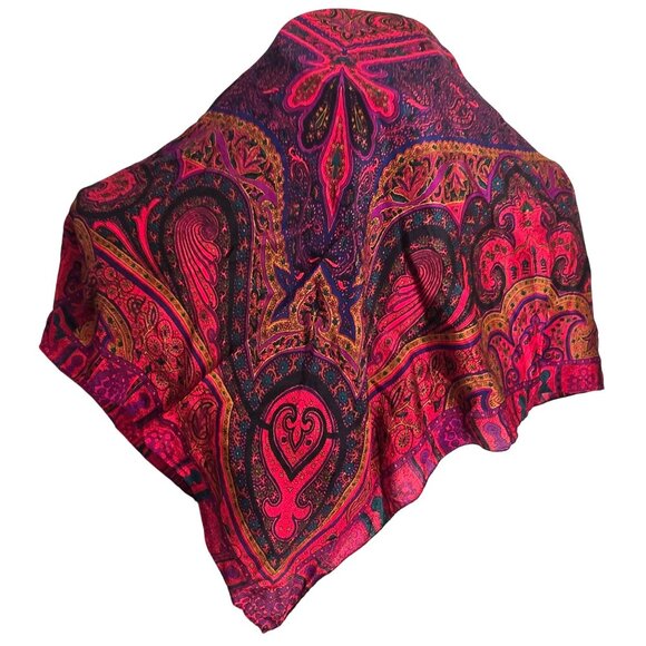 Liz Claiborne Silk Scarf Blue Red Purple Paisley Floral Hibiscus Flower DH722 - Picture 2 of 8